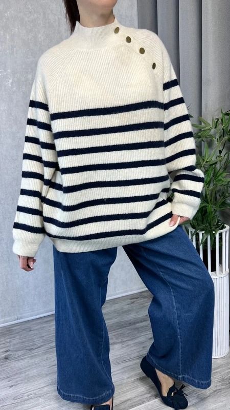 Mięsisty sweter w paski granatowe z wełną rozmiar 52 24 plus size