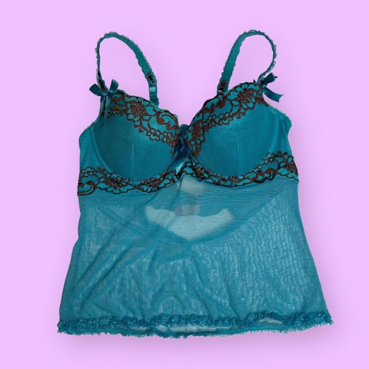 90s 00s blue mesh corset top with brown lace details image 2