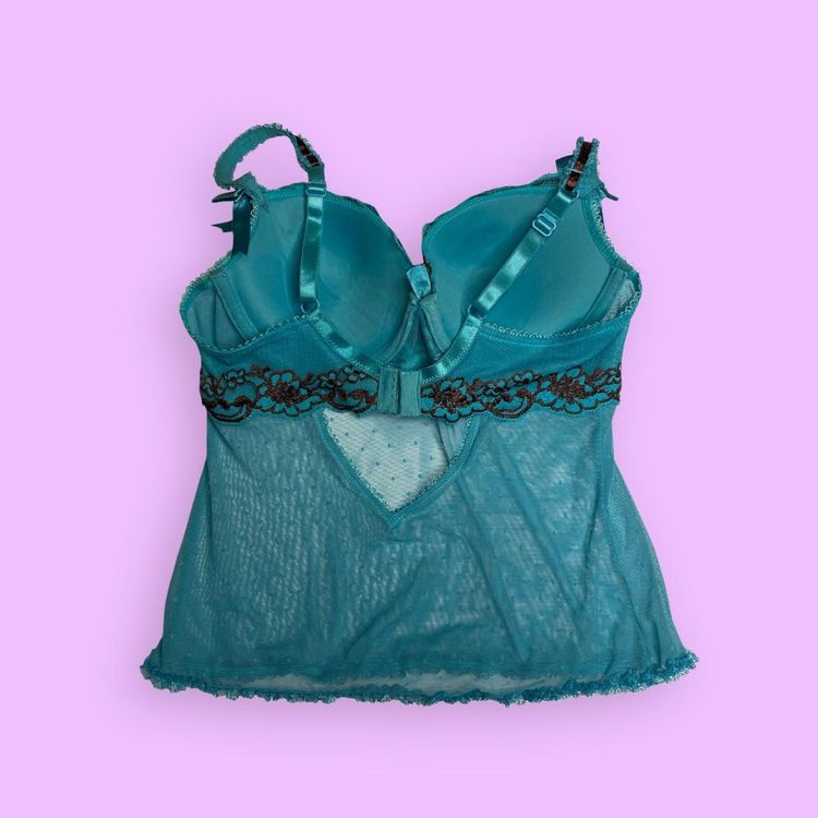 90s 00s blue mesh corset top with brown lace details image 1