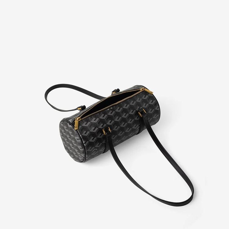 Black Patterned Barrel Shoulder Bag obraz 3