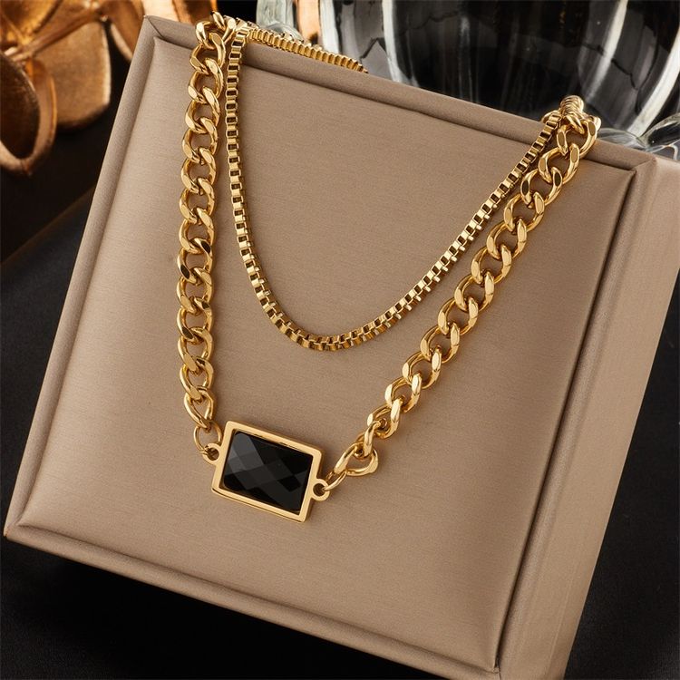 Gold Plated Layered Necklace With Black Stone Pendant image 2