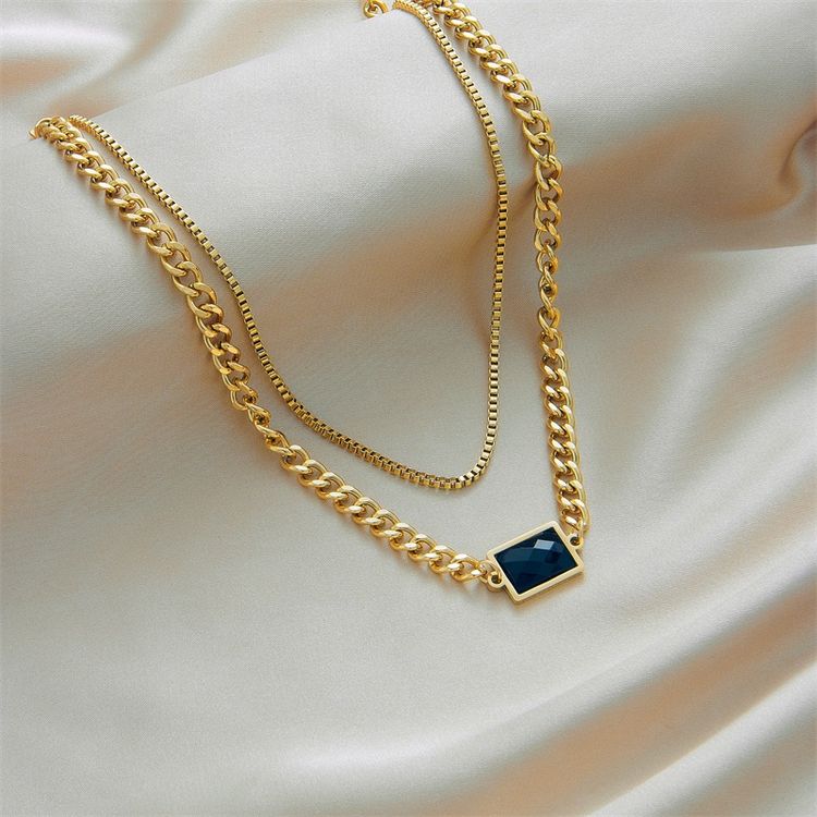 Gold Plated Layered Necklace With Black Stone Pendant image 1