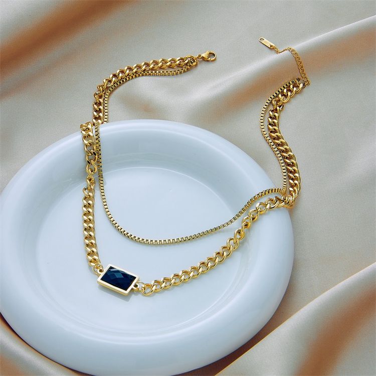 Gold Plated Layered Necklace With Black Stone Pendant image 3
