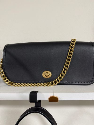 Black Leather COACH Shoulder Bag With Gold Chain Strap