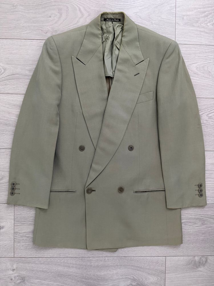 Giorgio Armani 1980s Peaked Lapel Double Breasted Wool Linen Sport Jacket Blazer Taupe Sage - Size S image 6