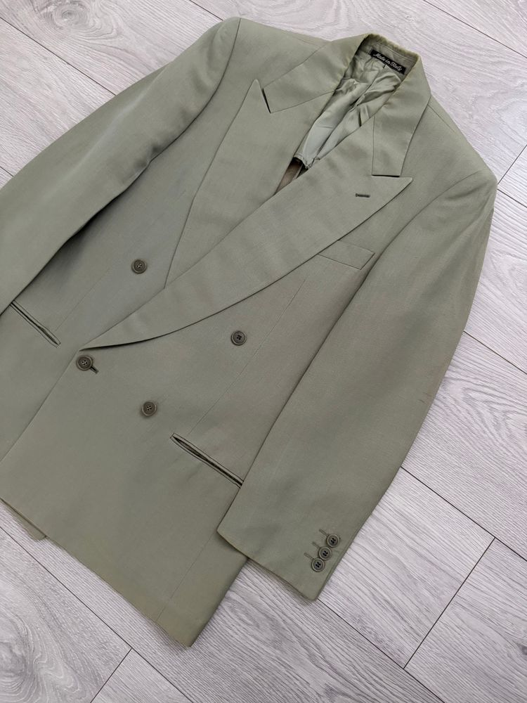 Giorgio Armani 1980s Peaked Lapel Double Breasted Wool Linen Sport Jacket Blazer Taupe Sage - Size S image 2