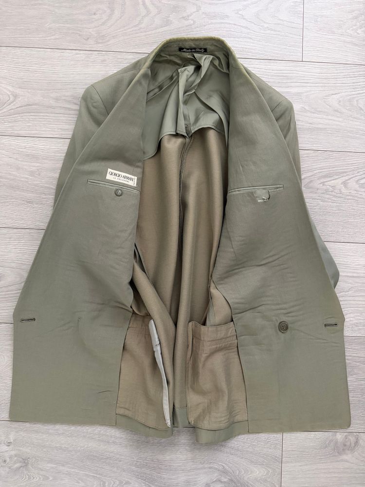 Giorgio Armani 1980s Peaked Lapel Double Breasted Wool Linen Sport Jacket Blazer Taupe Sage - Size S image 4