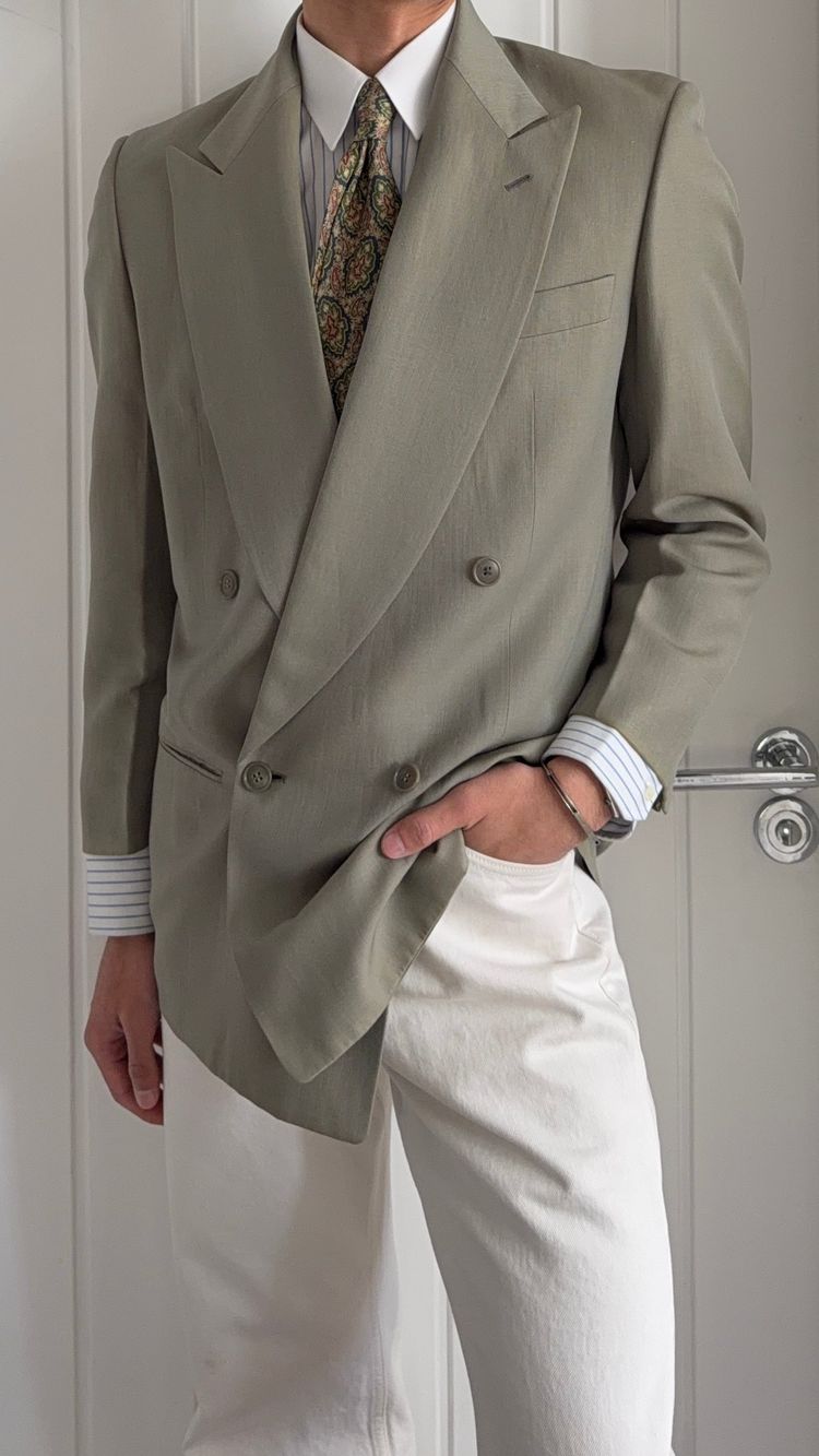 Giorgio Armani 1980s Peaked Lapel Double Breasted Wool Linen Sport Jacket Blazer Taupe Sage - Size S image 8