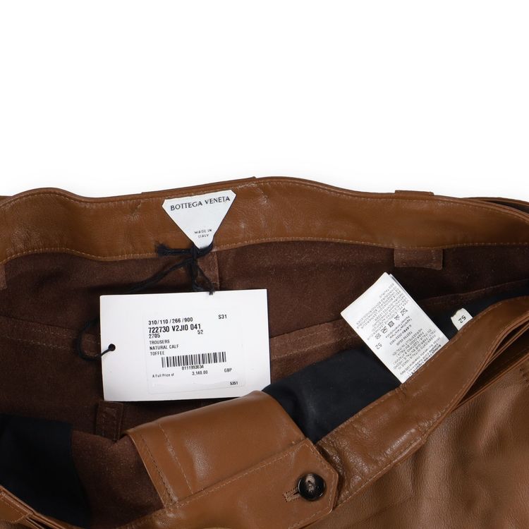 Bottega Veneta Toffee Brown Calfskin Belted Leather Trousers obraz 9