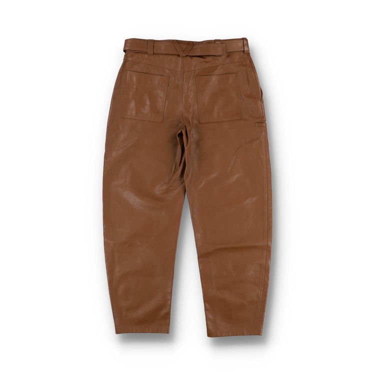 Bottega Veneta Toffee Brown Calfskin Belted Leather Trousers obraz 3