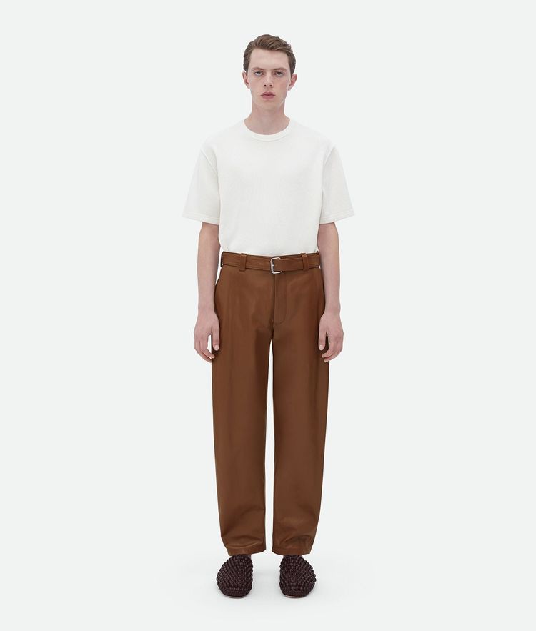 Bottega Veneta Toffee Brown Calfskin Belted Leather Trousers obraz 8