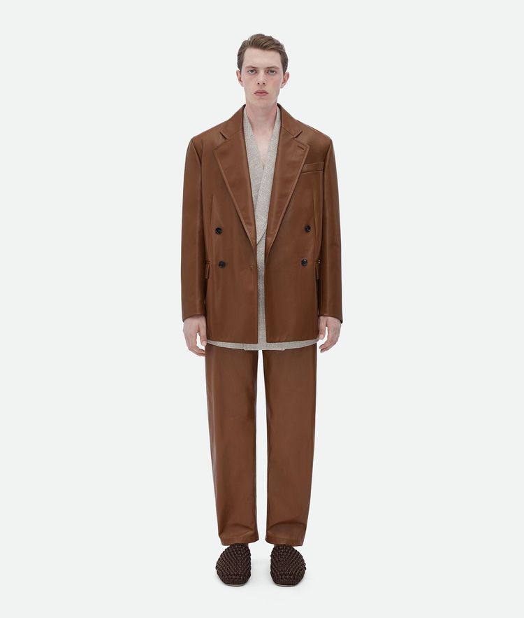 Bottega Veneta Toffee Brown Calfskin Belted Leather Trousers obraz 4