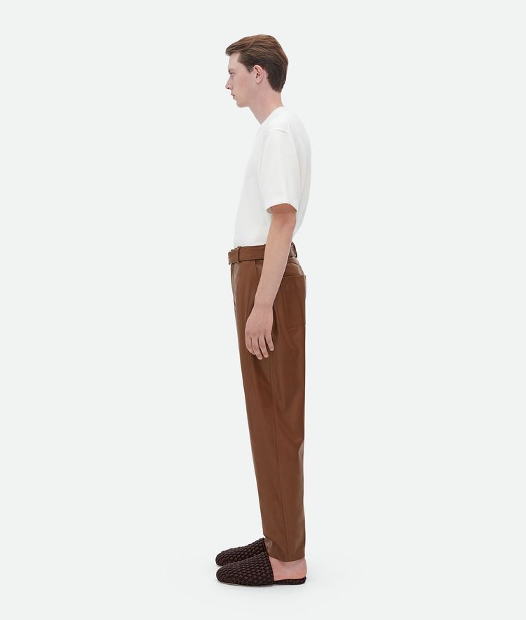 Bottega Veneta Toffee Brown Calfskin Belted Leather Trousers obraz 7