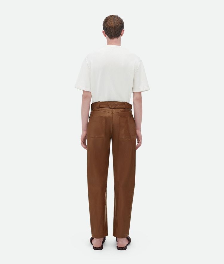 Bottega Veneta Toffee Brown Calfskin Belted Leather Trousers obraz 2