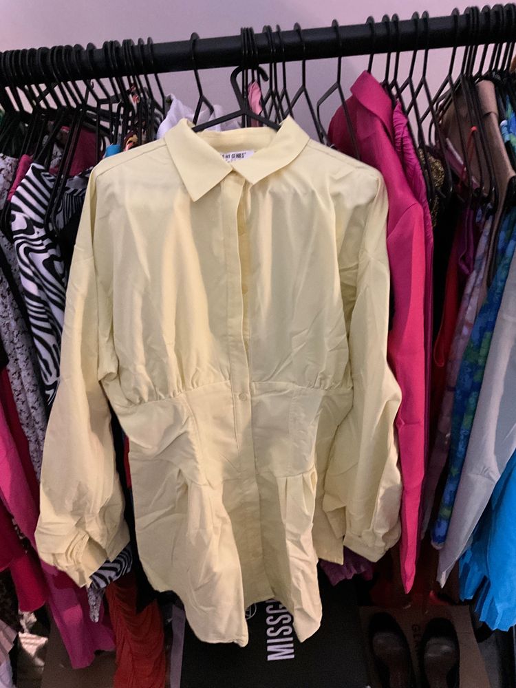Yellow Long-Sleeve Shirt Dress