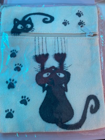 Canvas Small Shoulder Bag with Cat hand drawn