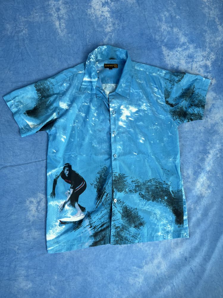 Blue Short Sleeve Button-Up Shirt With Surfer Print