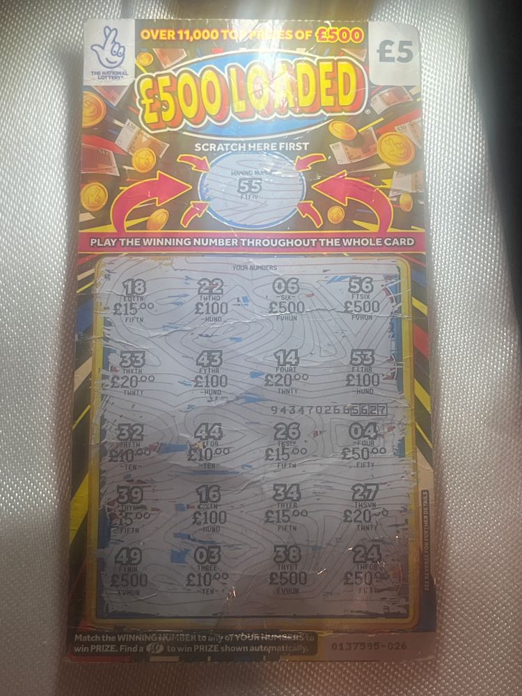 £500 Loaded Scratch Card - Find a 55 to win prize shown automatically