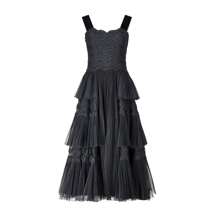 1950s Norman Hartnell Couture Black Lace Tulle Evening Dress