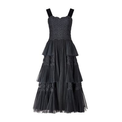 1950s Norman Hartnell Couture Black Lace Tulle Evening Dress
