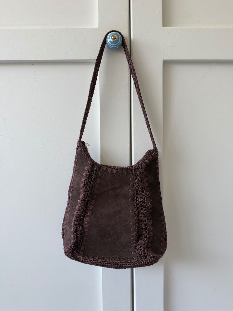Brown Suede Shoulder Bag With Crochet Details