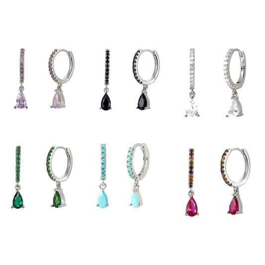 Green Silver Hoop Earrings With Colored Gemstone Drops