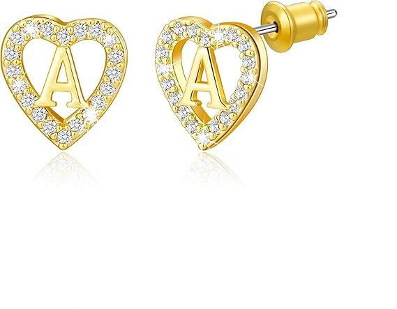 Gold Heart-Shaped Stud Earrings With Letter A