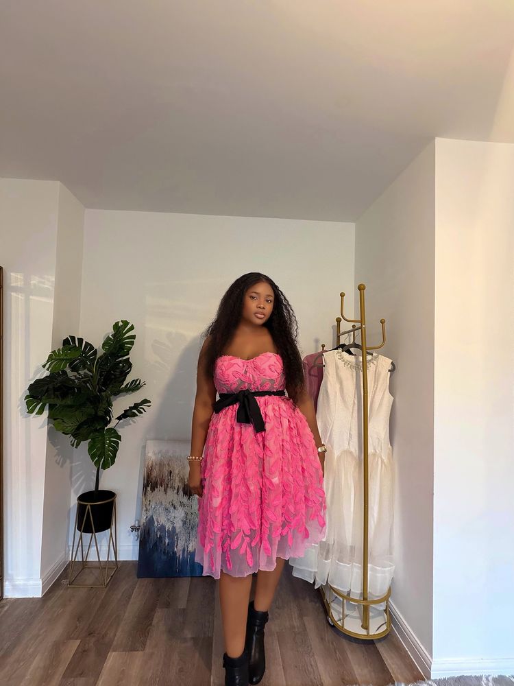 Pink Strapless Dress With Black Belt