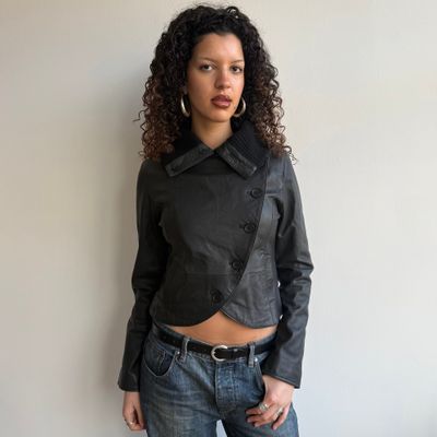 Black leather asymmetric peacoat - Size S/M