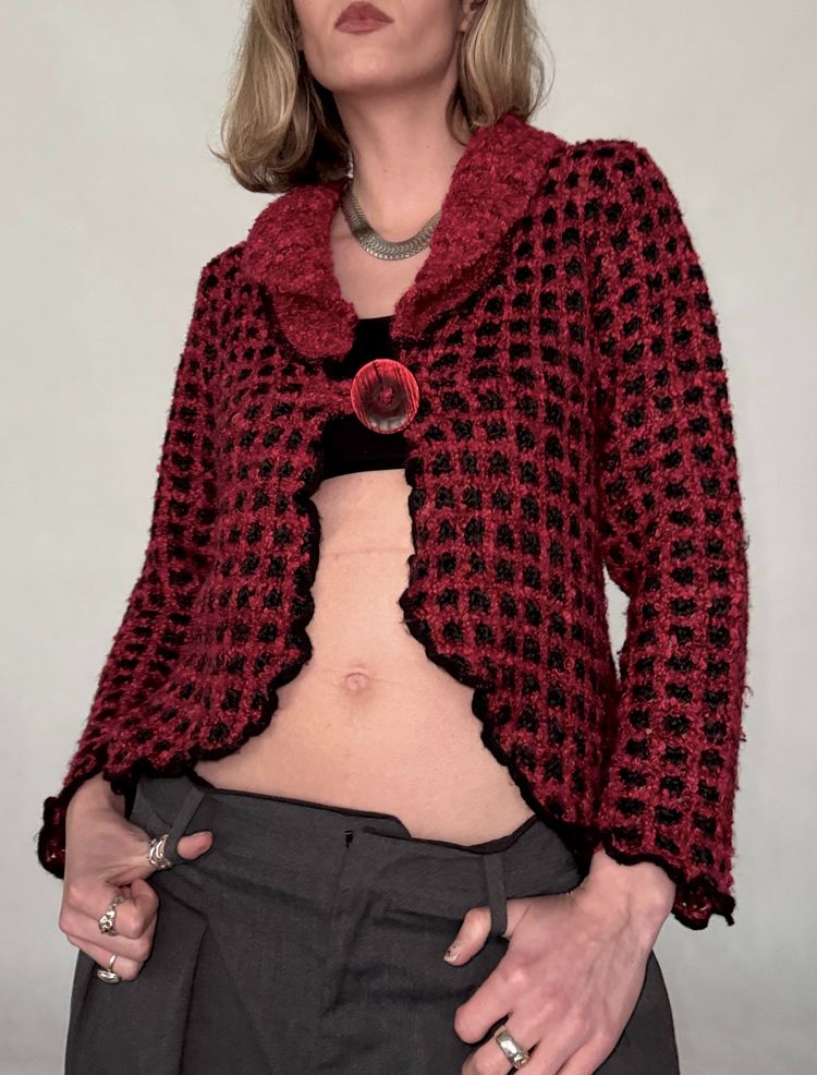 red and black checkered knit cardigan