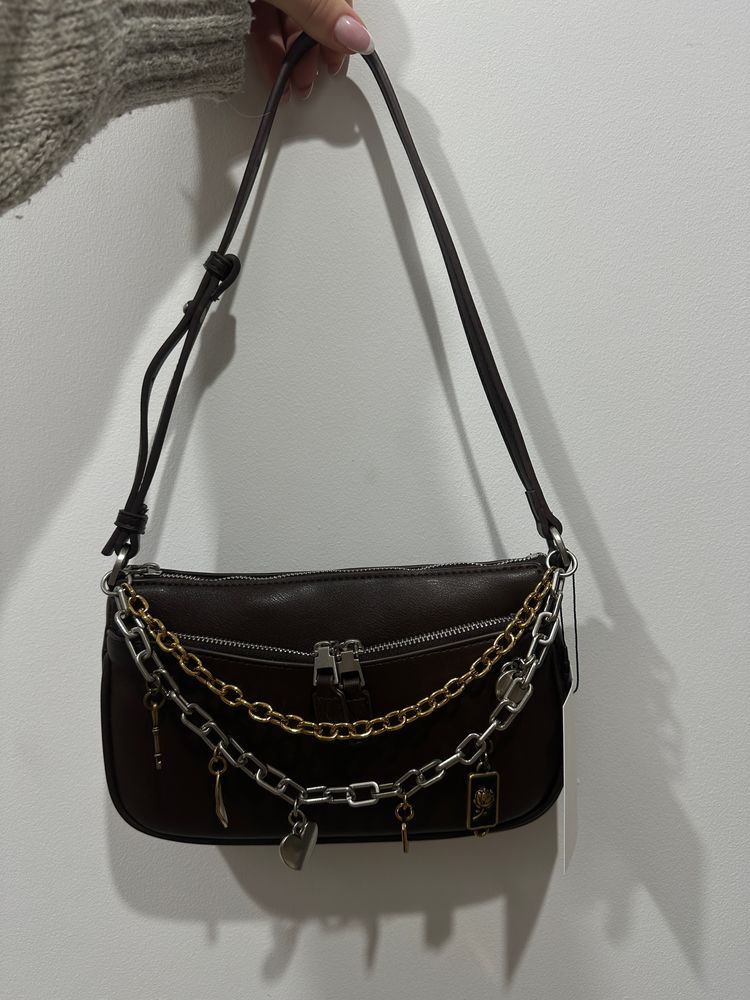 Brown Shoulder Bag With Gold And Silver Chains