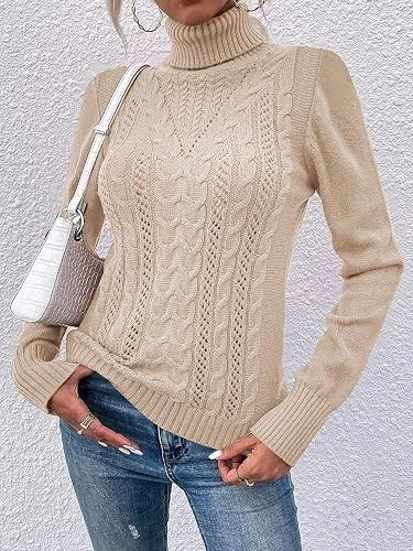 Immagine di Beige Cable Knit Turtleneck Sweater 2