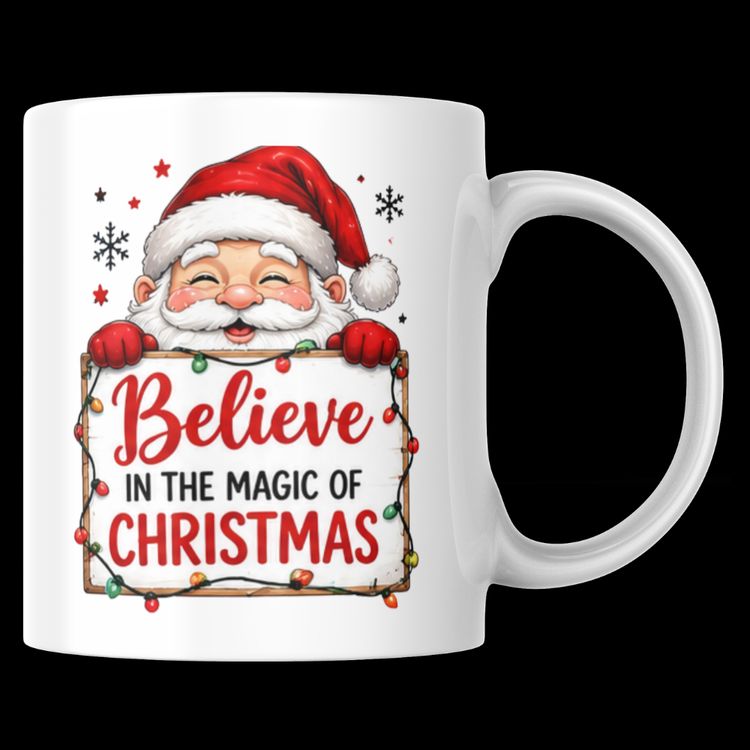 Magical Believe in the Magic of Christmas Santa Ceramic Coffee Mug – Cute Holiday Tea Cup with Fairy Lights & Wooden Sign Gift (M1236)