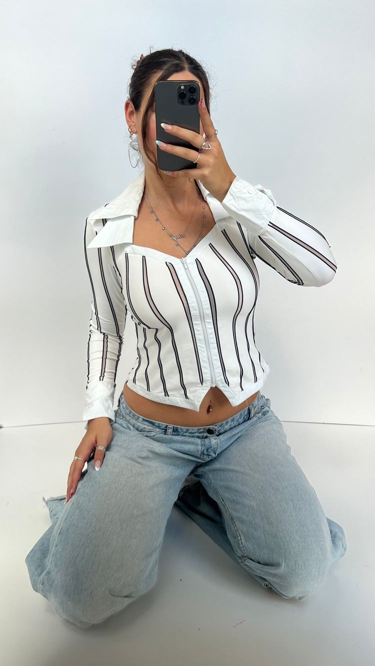 00s white striped shirt- size S/M image 4