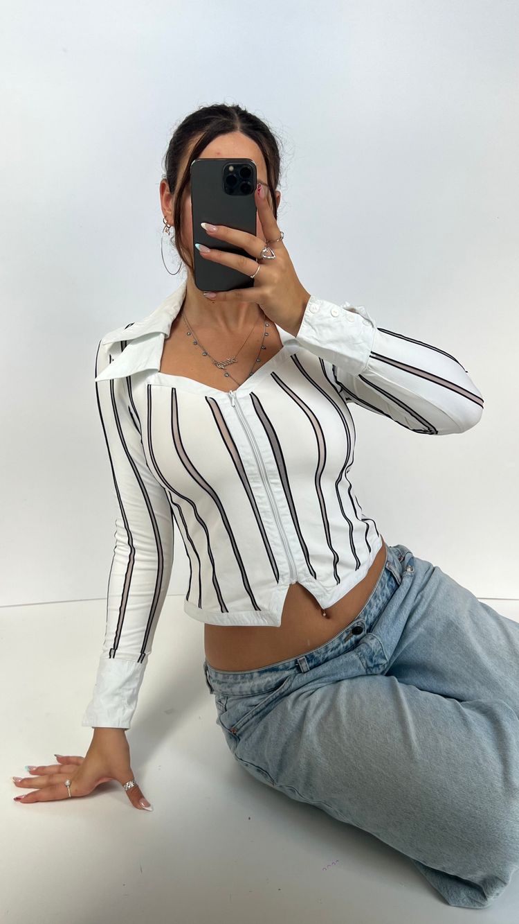 00s white striped shirt- size S/M image 1