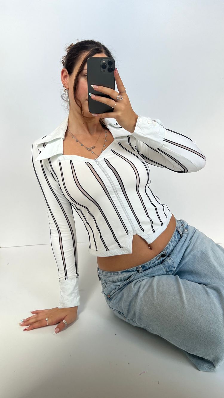 00s white striped shirt- size S/M image 5