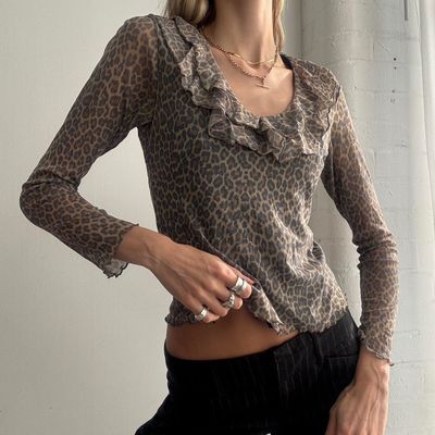 Leopard Print Long Sleeve Top With Ruffle Neckline