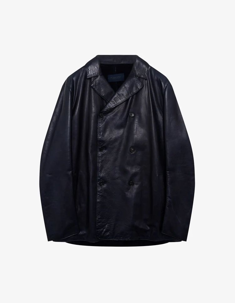 Burberry Prorsum Sangria Mens Double Breasted Leather Peacoat image 1