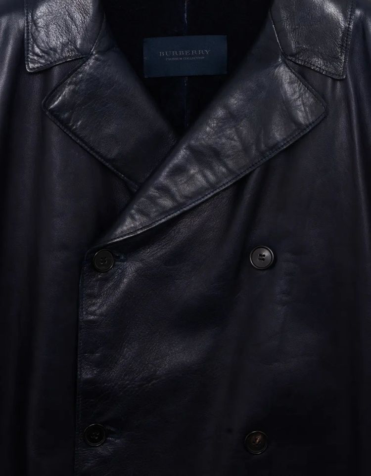 Burberry Prorsum Sangria Mens Double Breasted Leather Peacoat obraz 11