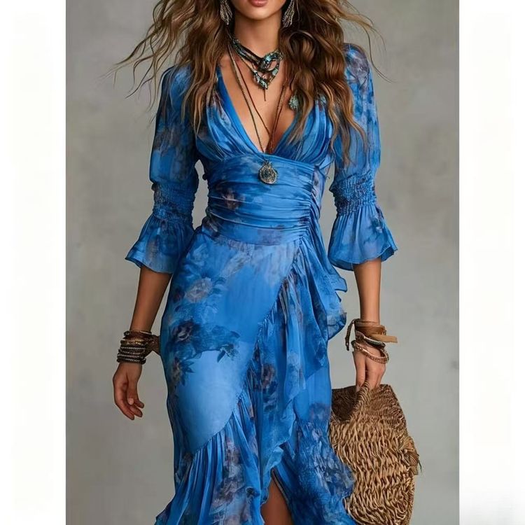 Blue Floral Wrap Dress image 1