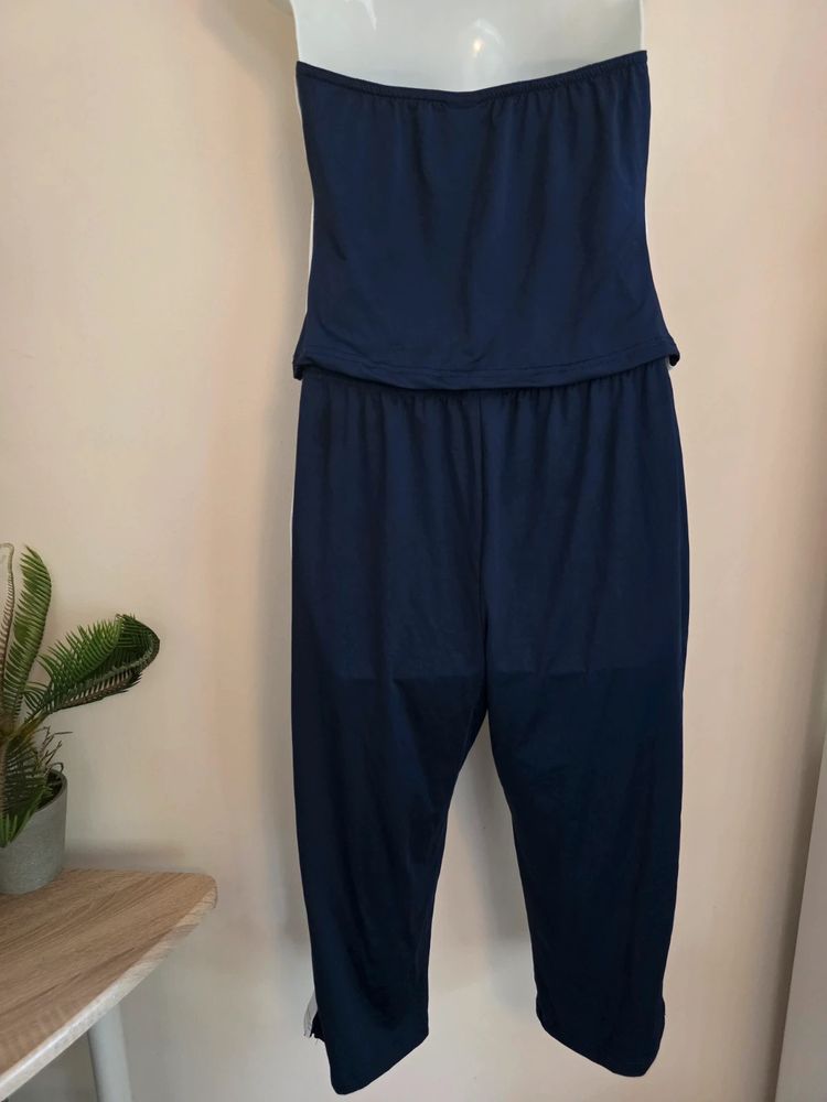 Shein Navy Blue & White Side Stripe Bandeau Top & Track Pants 2-Piece Set (Size L / UK 12-14) imagen 2