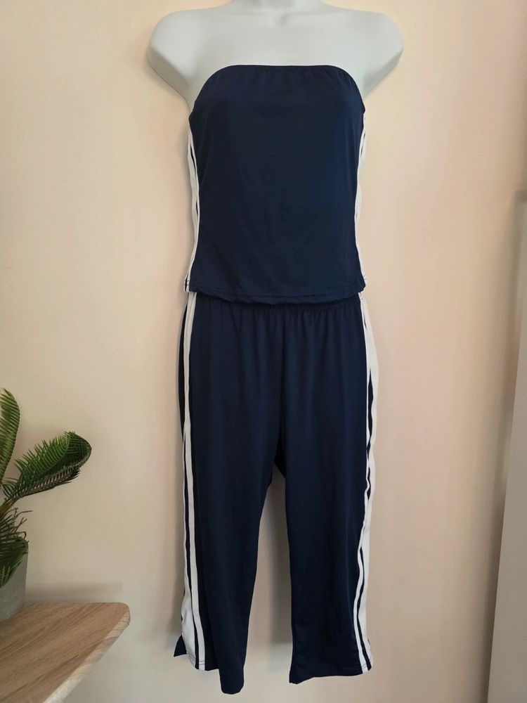Shein Navy Blue & White Side Stripe Bandeau Top & Track Pants 2-Piece Set (Size L / UK 12-14) imagen 1