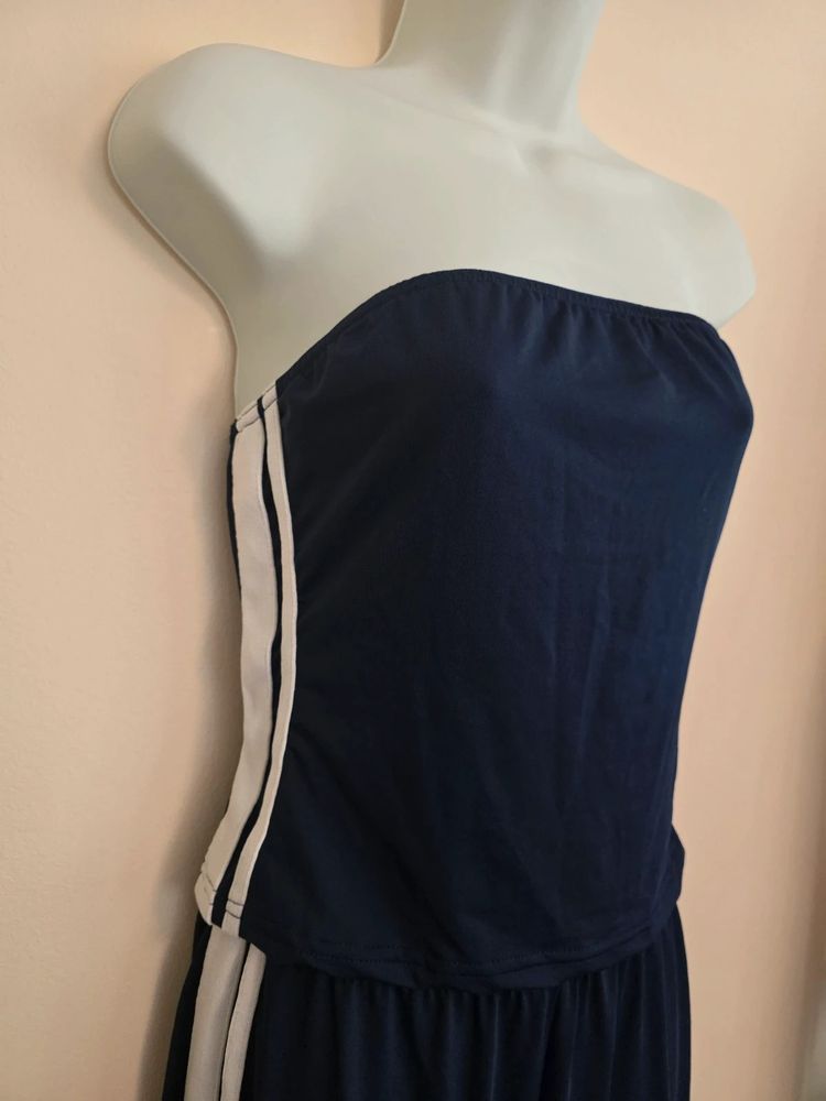 Shein Navy Blue & White Side Stripe Bandeau Top & Track Pants 2-Piece Set (Size L / UK 12-14) imagen 3