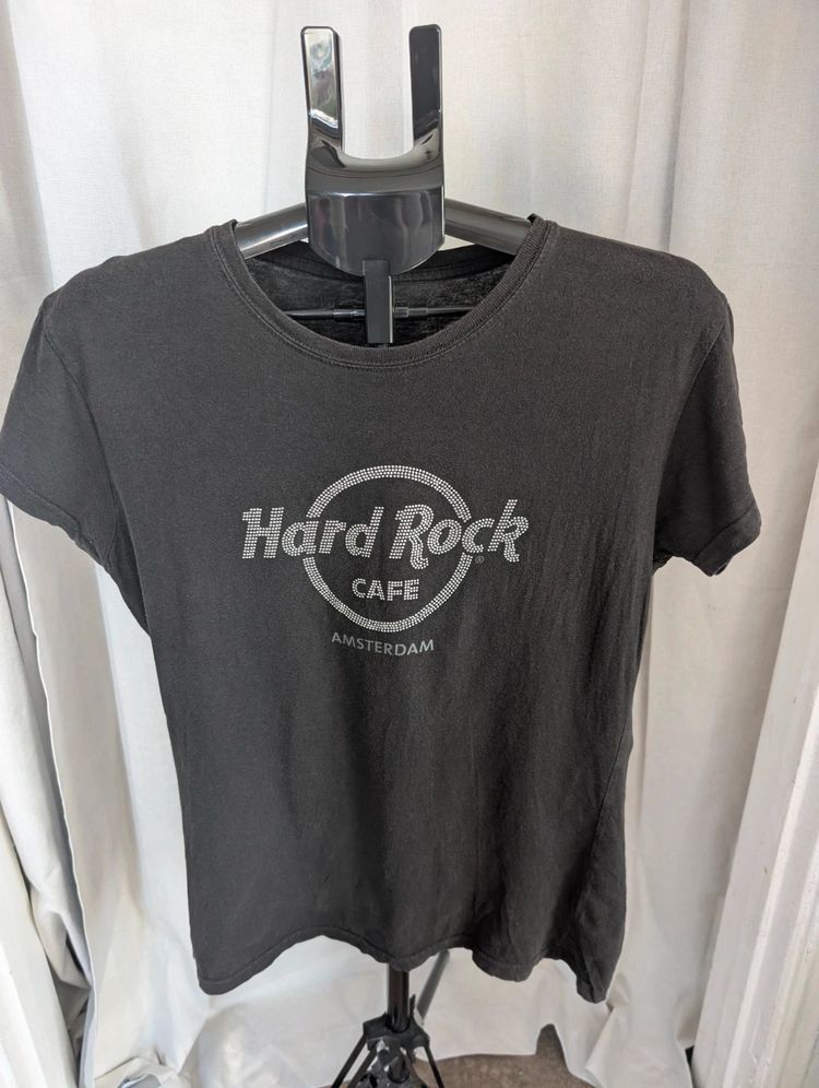 Hard Rock Cafe T-Shirt Black Large L Amsterdam Rhinestone Logo Graphic Top