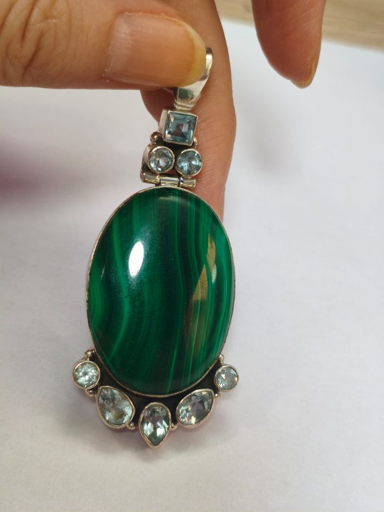 Colgante plata de LEY 925 - MALAQUITA Y TOPACIO AZUL-