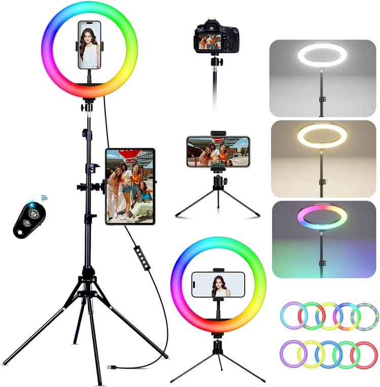 12 inch LED Ring Light with Tripod Stand & Phone Holder Tall 70'', Ringlight with Remote, Dimmable White/RGB Mode, Selfie Circle light for Phone Camera Filming Makeup Streaming