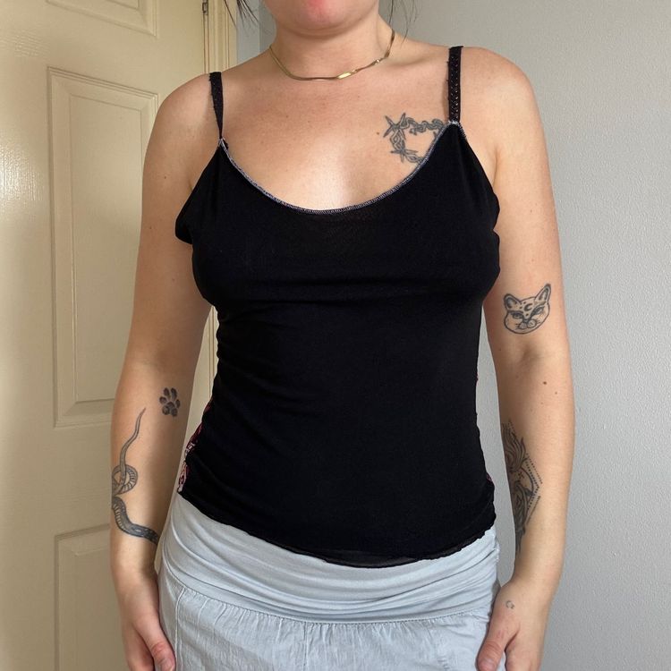Black mesh Cami Top With Floral Patterned back