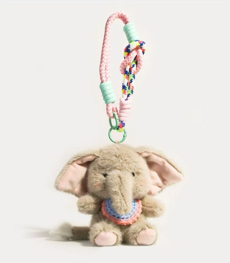 Plush Elephant Keychain With Colorful Rope image 1