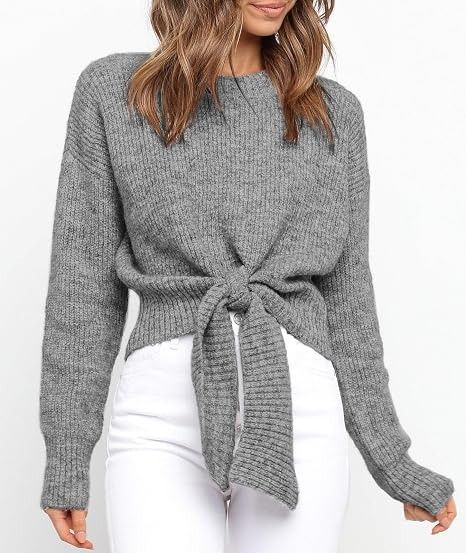 Grey Knitted Tie-Front Sweater obraz 1