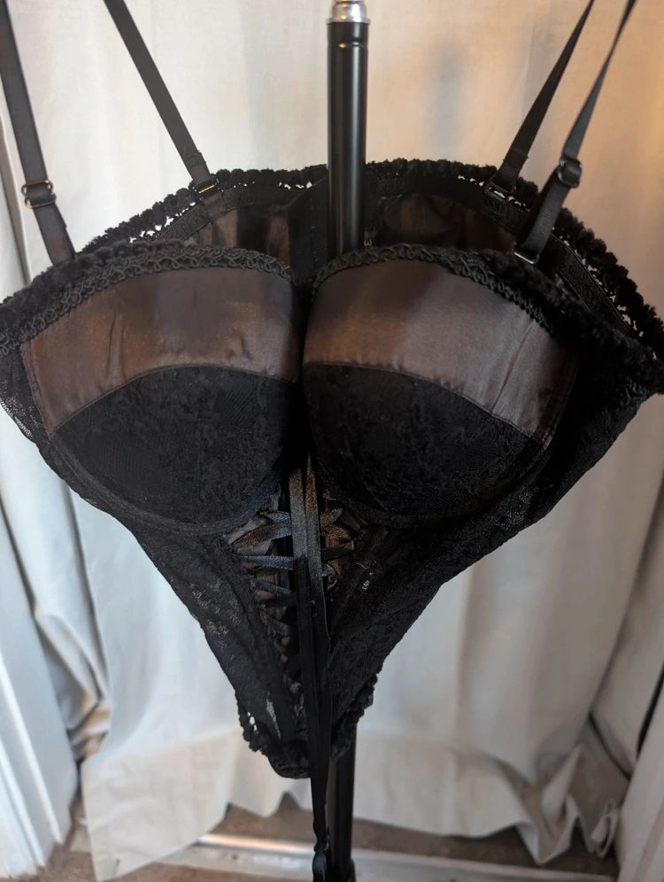 Fashion Elle Corset Top Black Lace Satin Basque L/XL Fits S/M Goth Y2K image 3